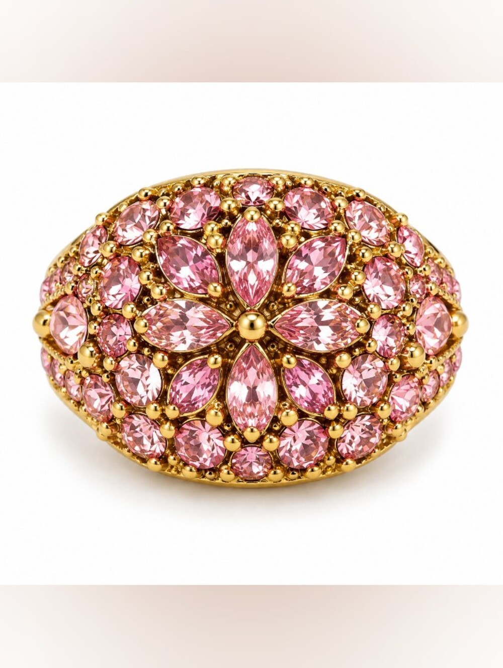 Gold-Plated Pink Crystal Floral Dome Ring